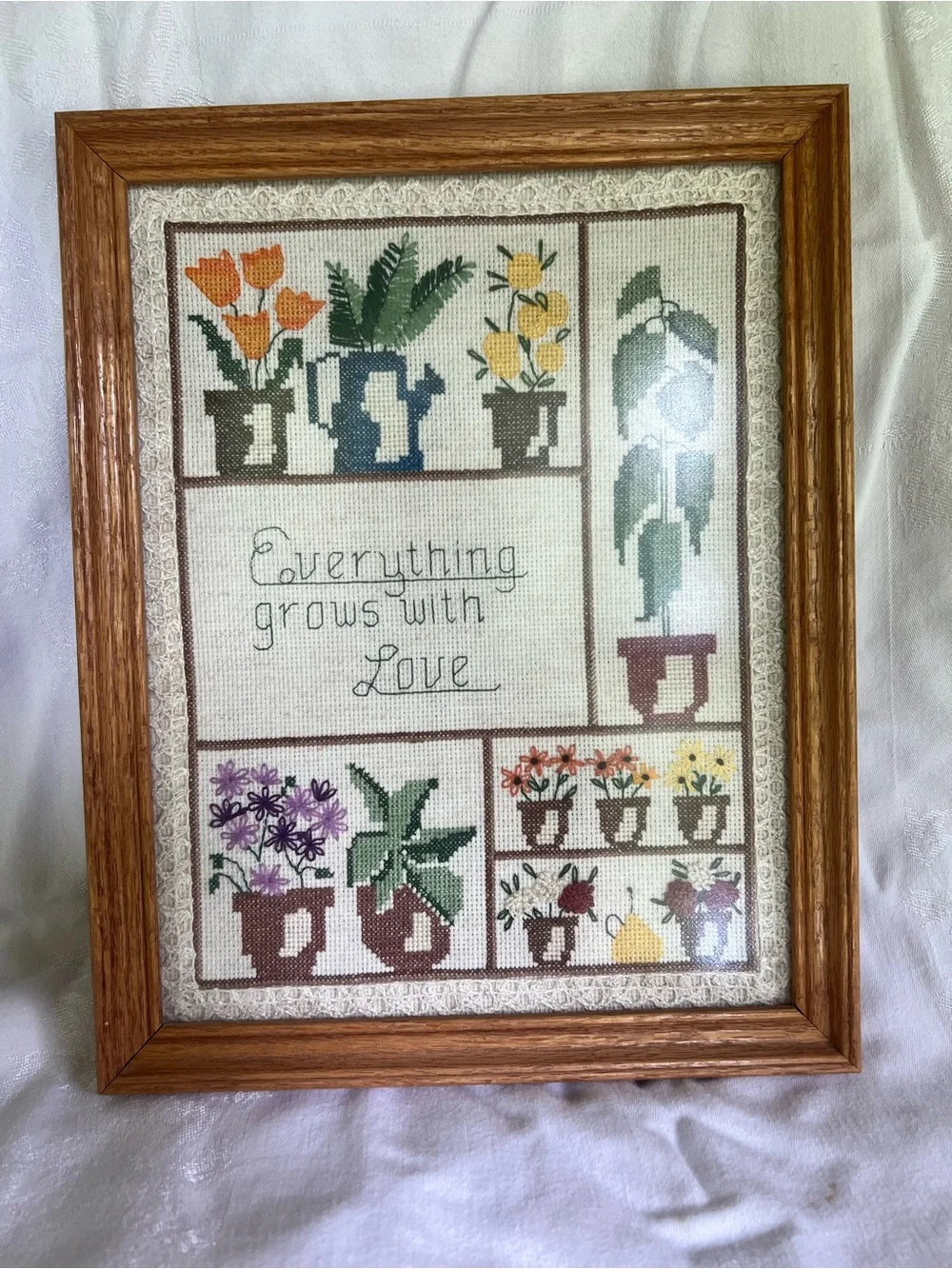 Framed Floral Cross-Stitch Wall Art - Brown Frame, Multicolor